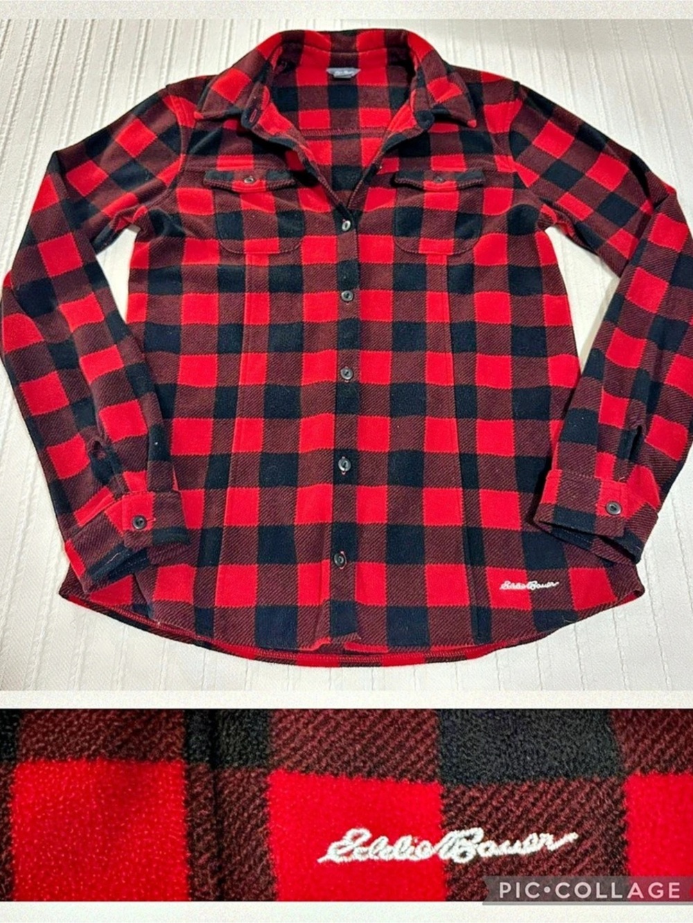 Eddie Bauer Women Plaid Button Down Shirt Red & Black